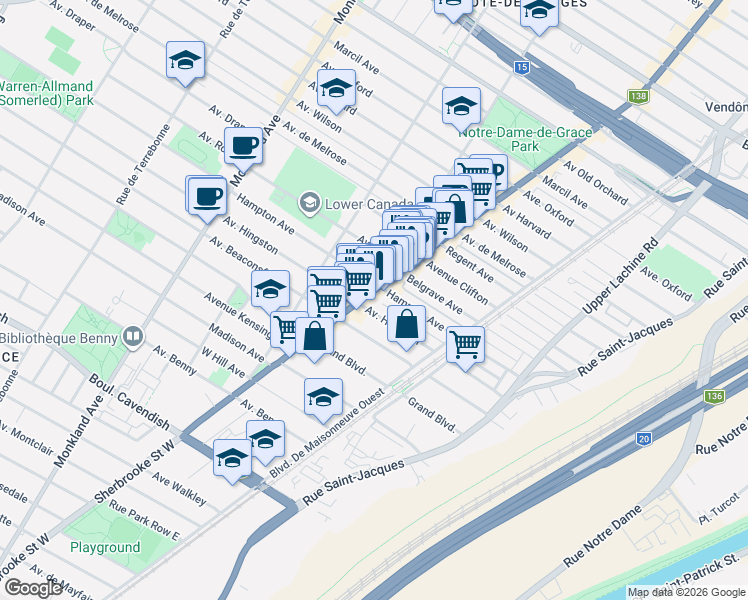 map of restaurants, bars, coffee shops, grocery stores, and more near 6078 Rue Sherbrooke Ouest in Montréal