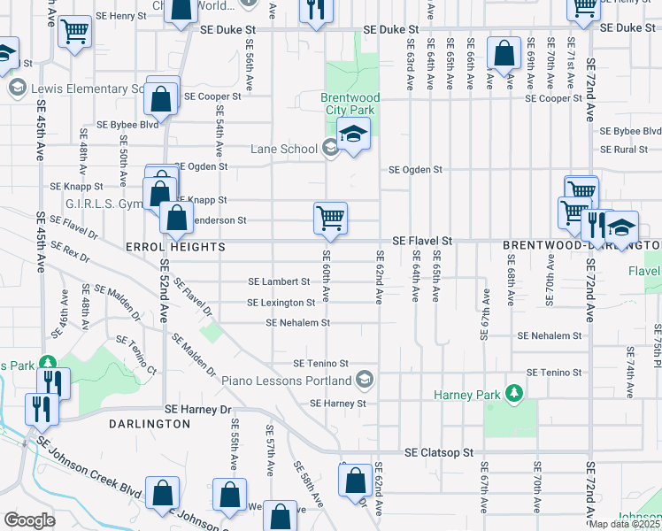 map of restaurants, bars, coffee shops, grocery stores, and more near 7704 Southeast 60th Avenue in Portland