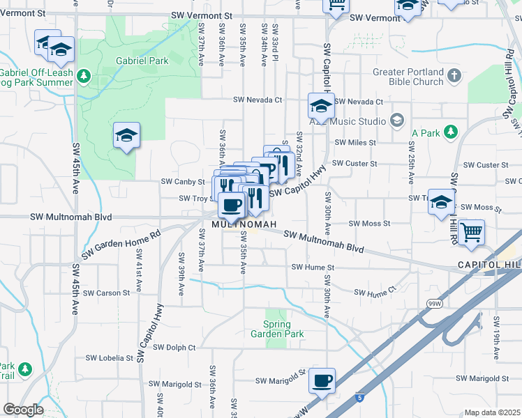map of restaurants, bars, coffee shops, grocery stores, and more near 7764 Southwest Capitol Highway in Portland