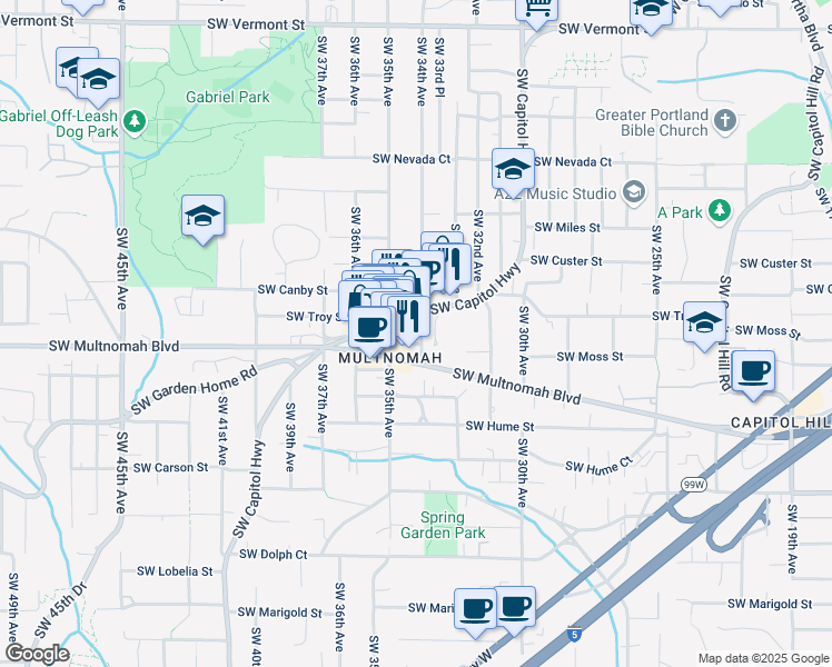map of restaurants, bars, coffee shops, grocery stores, and more near 7764 Southwest Capitol Highway in Portland