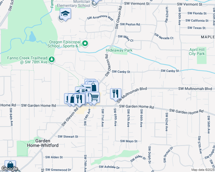 map of restaurants, bars, coffee shops, grocery stores, and more near 7164 Southwest Oleson Road in Portland