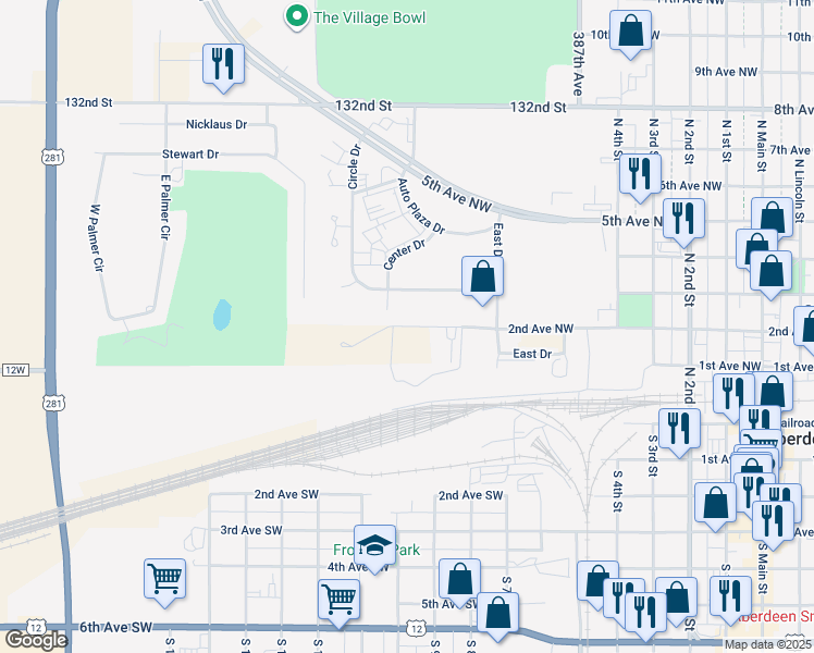 map of restaurants, bars, coffee shops, grocery stores, and more near 1210 2nd Avenue Northwest in Aberdeen