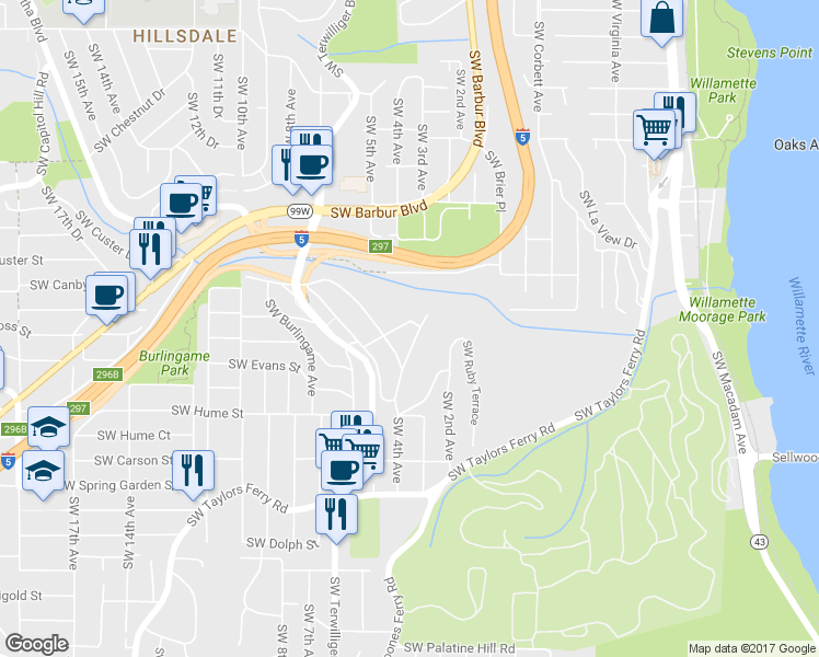 map of restaurants, bars, coffee shops, grocery stores, and more near 310 Southwest Troy Street in Portland