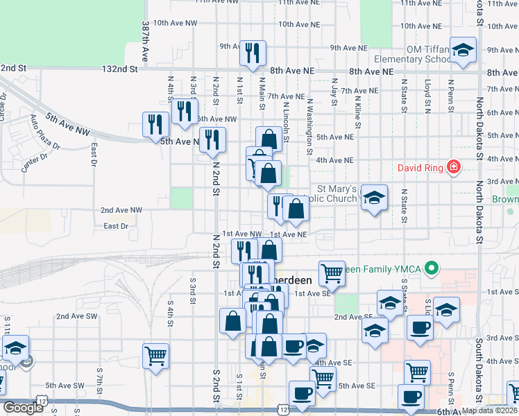 map of restaurants, bars, coffee shops, grocery stores, and more near 201 North Main Street in Aberdeen