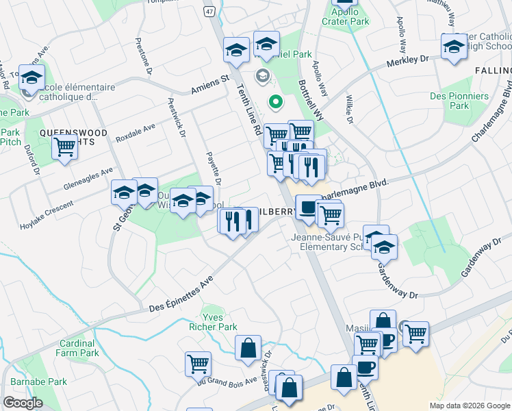 map of restaurants, bars, coffee shops, grocery stores, and more near 495 Duvernay Drive in Ottawa