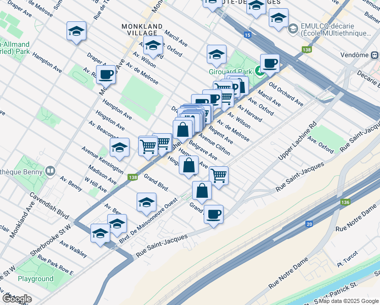 map of restaurants, bars, coffee shops, grocery stores, and more near 2329 Hampton Avenue in Montrã©Al