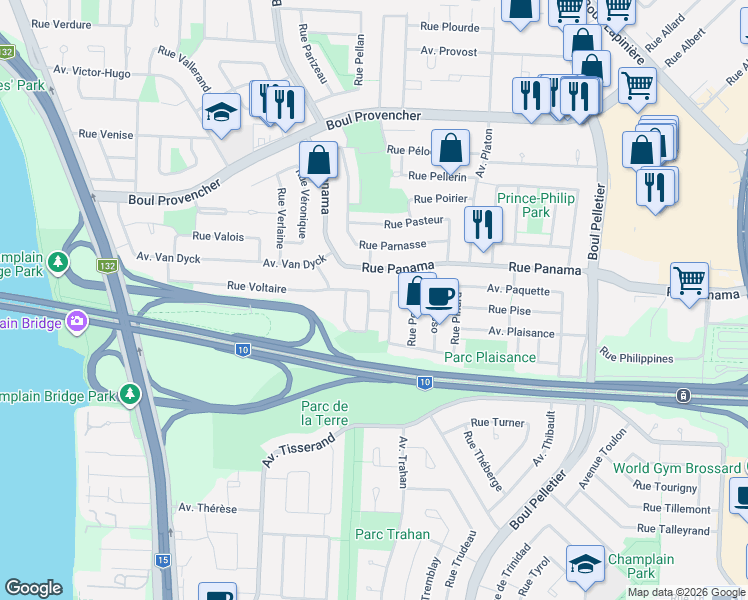 map of restaurants, bars, coffee shops, grocery stores, and more near 6730 Rue Villon in Brossard