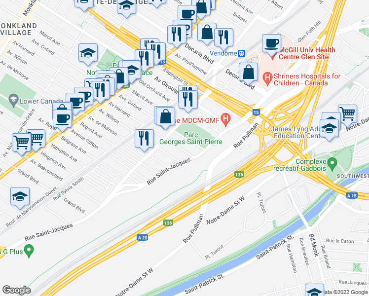 map of restaurants, bars, coffee shops, grocery stores, and more near 981 Avenue Harvard in Montréal