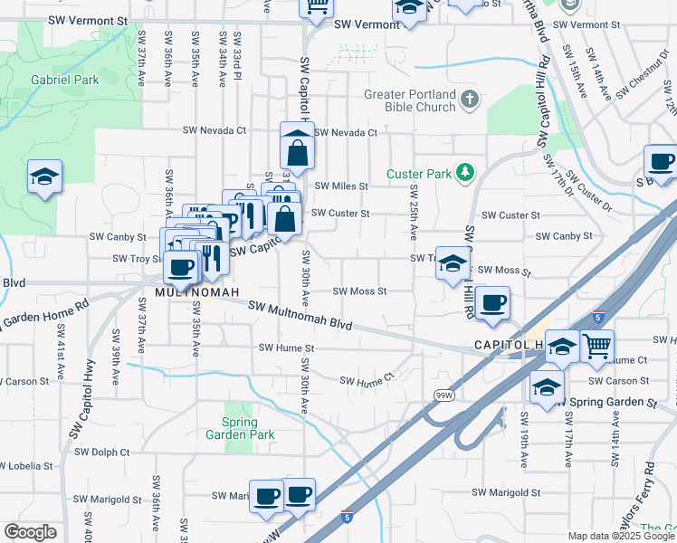 map of restaurants, bars, coffee shops, grocery stores, and more near 7827 Southwest 28th Avenue in Portland