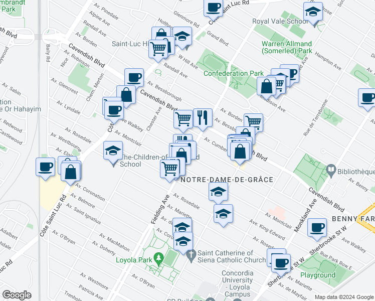 map of restaurants, bars, coffee shops, grocery stores, and more near 6645 Avenue Fielding in Montréal