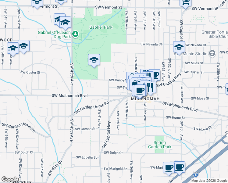 map of restaurants, bars, coffee shops, grocery stores, and more near 3824 Southwest Troy Street in Portland