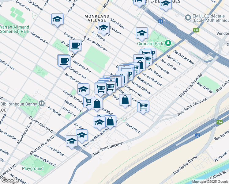 map of restaurants, bars, coffee shops, grocery stores, and more near 6100 Rue Sherbrooke Ouest in Montréal