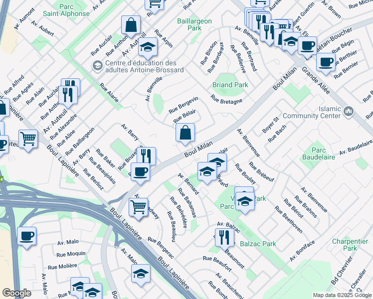 map of restaurants, bars, coffee shops, grocery stores, and more near 6400 Boulevard Milan in Brossard