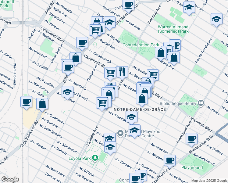 map of restaurants, bars, coffee shops, grocery stores, and more near in Montreal