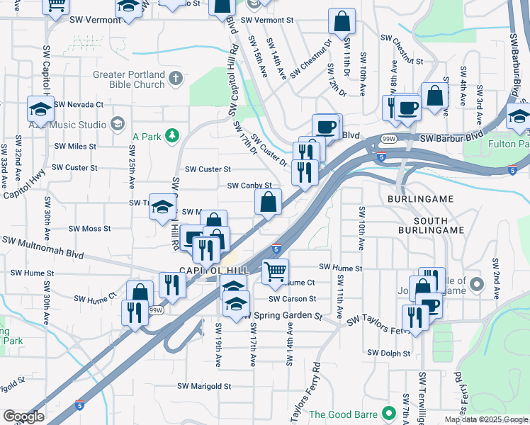 map of restaurants, bars, coffee shops, grocery stores, and more near 7802 Southwest 17th Drive in Portland