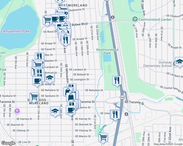 map of restaurants, bars, coffee shops, grocery stores, and more near 2015 Southeast Bidwell Street in Portland
