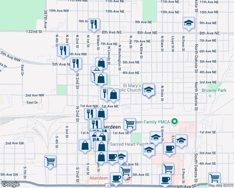 map of restaurants, bars, coffee shops, grocery stores, and more near 117 2nd Avenue Northwest in Aberdeen