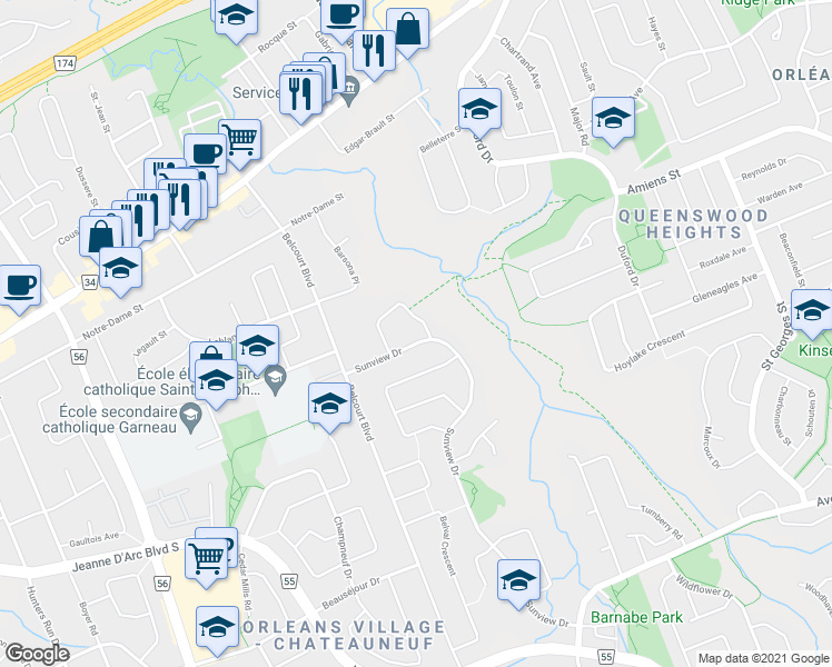 map of restaurants, bars, coffee shops, grocery stores, and more near 1583 Sunview Drive in Ottawa