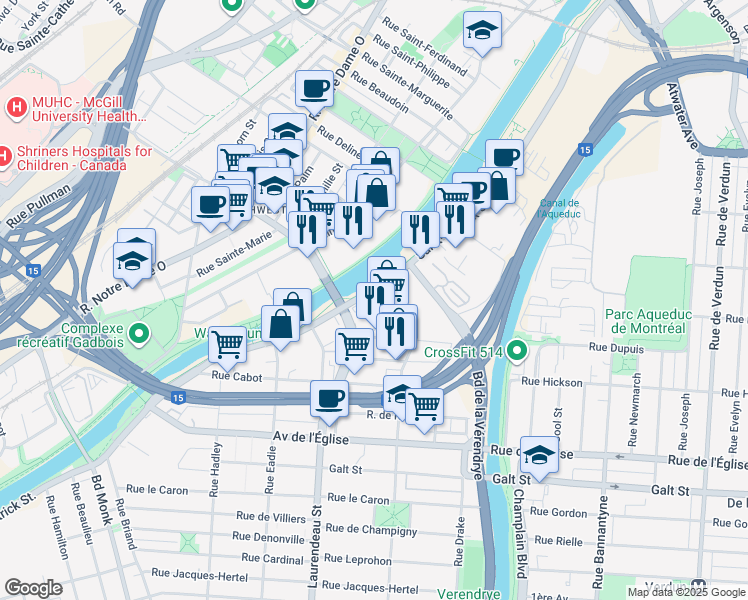 map of restaurants, bars, coffee shops, grocery stores, and more near in Montreal