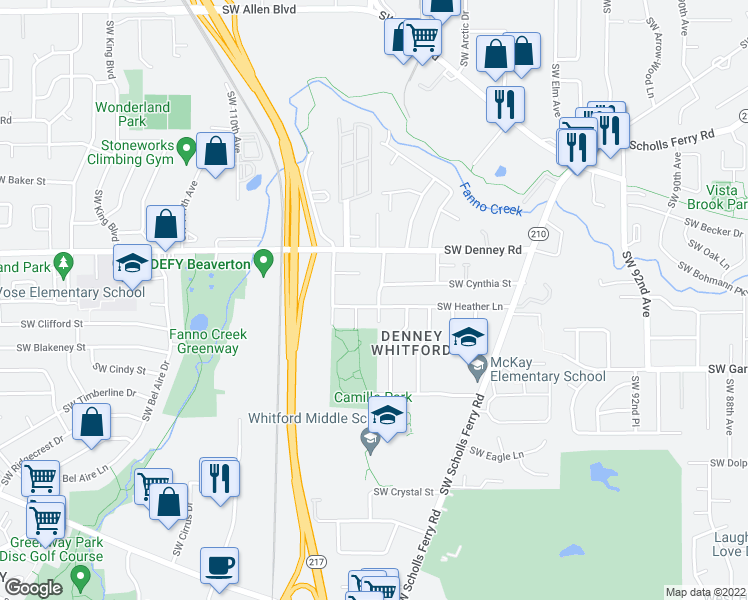 map of restaurants, bars, coffee shops, grocery stores, and more near 7205 Southwest 103rd Avenue in Beaverton