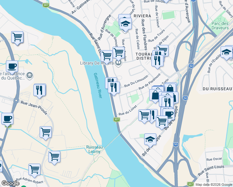 map of restaurants, bars, coffee shops, grocery stores, and more near 35 Rue de Pigalle in Gatineau