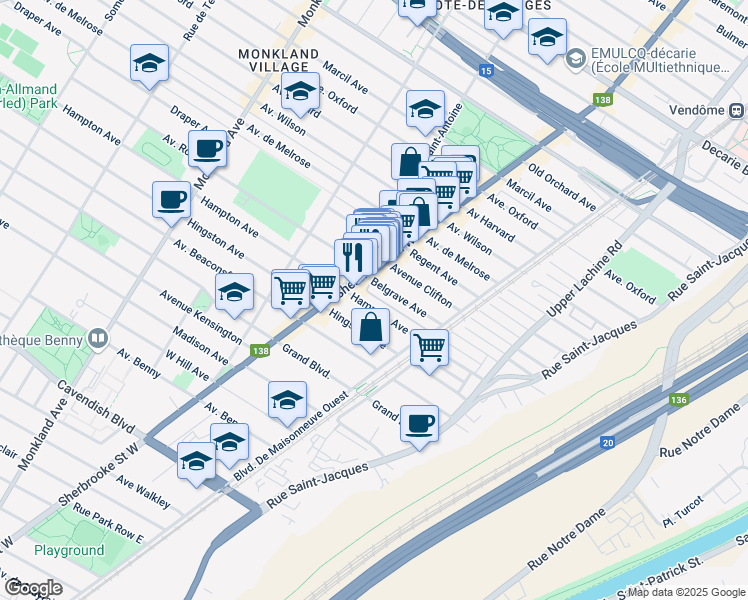 map of restaurants, bars, coffee shops, grocery stores, and more near 2329 Avenue de Hampton in Montréal
