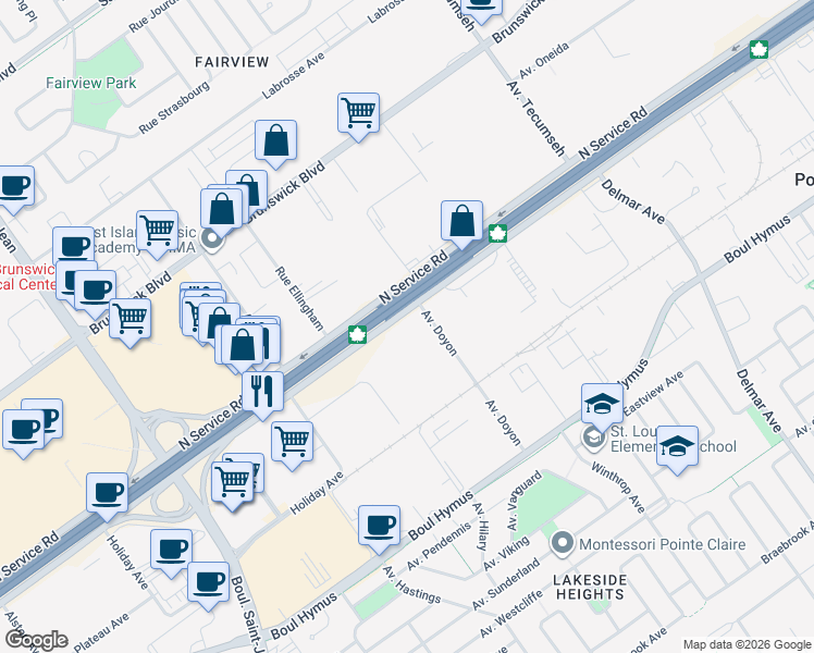 map of restaurants, bars, coffee shops, grocery stores, and more near 5650 Trans-Canada Hwy in Pointe-Claire
