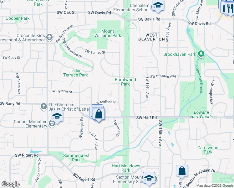 map of restaurants, bars, coffee shops, grocery stores, and more near 7195 Southwest 160th Avenue in Beaverton