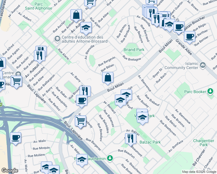 map of restaurants, bars, coffee shops, grocery stores, and more near 6400 Boulevard Milan in Brossard