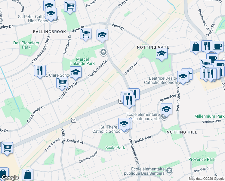 map of restaurants, bars, coffee shops, grocery stores, and more near 2002 Petite Lane in Ottawa
