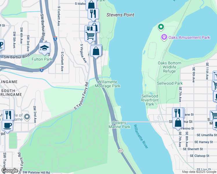 map of restaurants, bars, coffee shops, grocery stores, and more near 7720 South Macadam Avenue in Portland