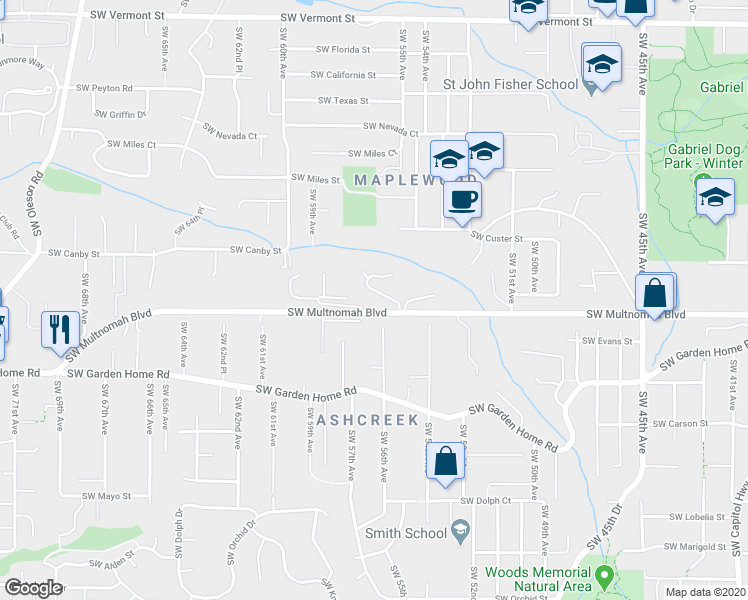 map of restaurants, bars, coffee shops, grocery stores, and more near 5565 Southwest Multnomah Boulevard in Portland