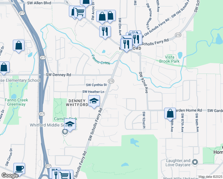 map of restaurants, bars, coffee shops, grocery stores, and more near 7180 Southwest Scholls Ferry Road in Portland