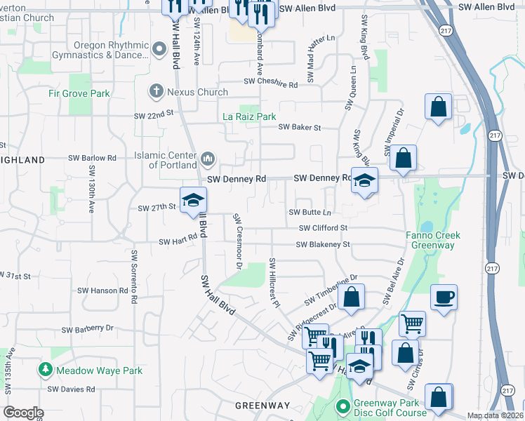 map of restaurants, bars, coffee shops, grocery stores, and more near 11990 Southwest Denney Road in Beaverton