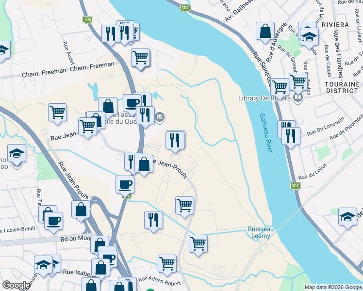 map of restaurants, bars, coffee shops, grocery stores, and more near 50 Rue Noel in Gatineau
