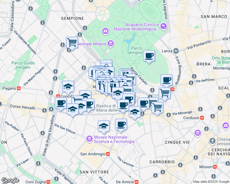map of restaurants, bars, coffee shops, grocery stores, and more near 4 Via Giovanni Boccaccio in Milano