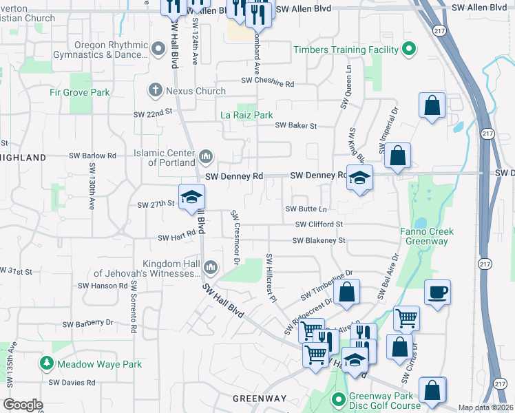 map of restaurants, bars, coffee shops, grocery stores, and more near 11990 Southwest Denney Road in Beaverton