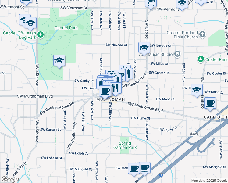 map of restaurants, bars, coffee shops, grocery stores, and more near 7764 Southwest Capitol Highway in Portland