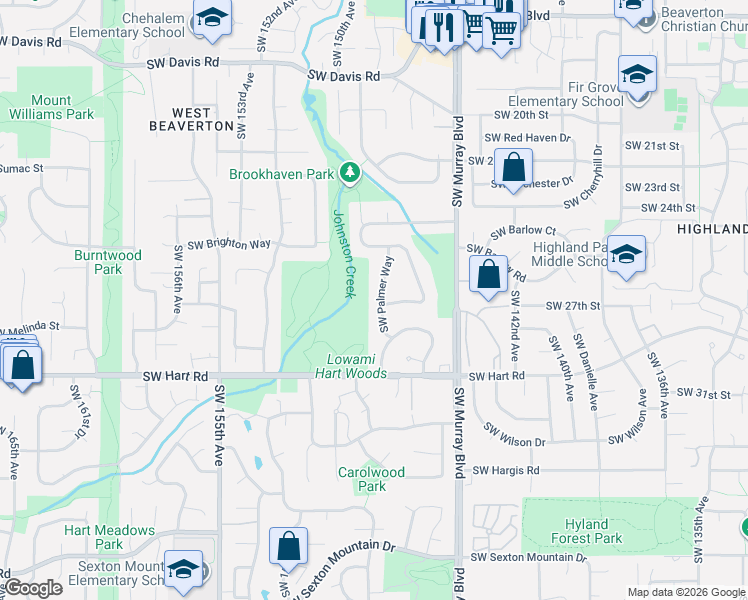 map of restaurants, bars, coffee shops, grocery stores, and more near 7175 Southwest Palmer Way in Beaverton