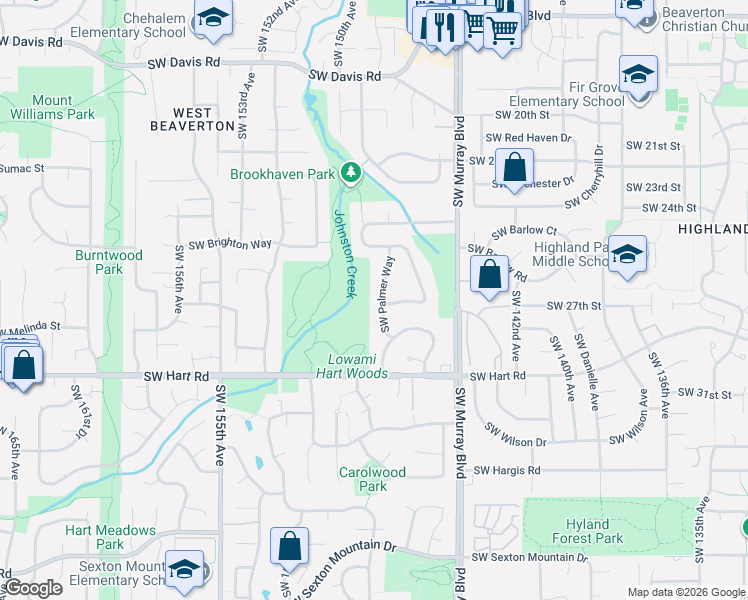 map of restaurants, bars, coffee shops, grocery stores, and more near 7175 Southwest Palmer Way in Beaverton