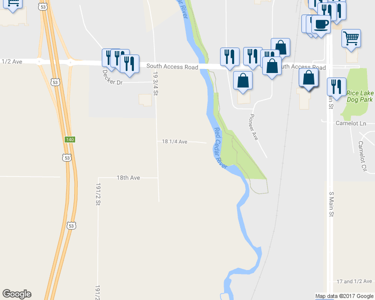 map of restaurants, bars, coffee shops, grocery stores, and more near 1988 18 1/4 Avenue in Rice Lake