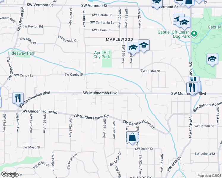 map of restaurants, bars, coffee shops, grocery stores, and more near 5565 Southwest Multnomah Boulevard in Portland