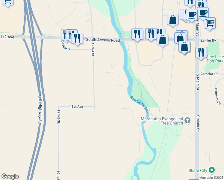 map of restaurants, bars, coffee shops, grocery stores, and more near 1988 18 1/4 Avenue in Rice Lake