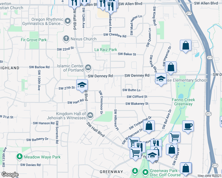 map of restaurants, bars, coffee shops, grocery stores, and more near 11990 Southwest Denney Road in Beaverton