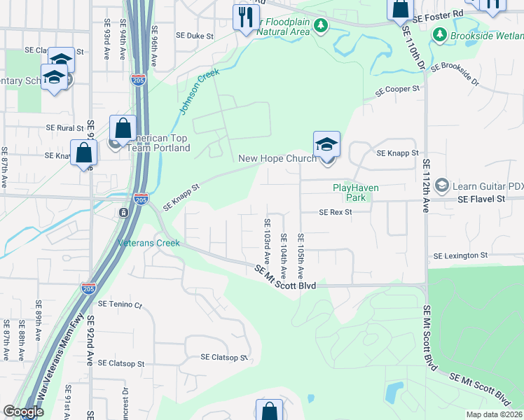 map of restaurants, bars, coffee shops, grocery stores, and more near 7515 Southeast 103rd Avenue in Portland