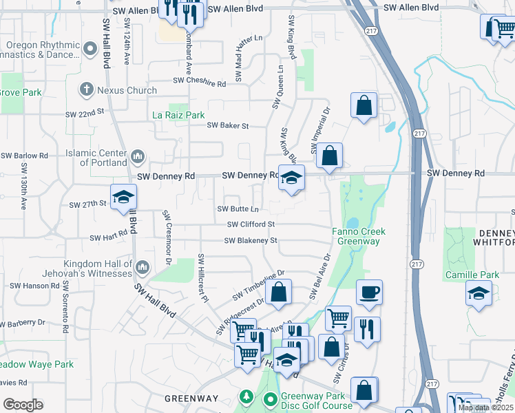 map of restaurants, bars, coffee shops, grocery stores, and more near 11575 Southwest Butte Lane in Beaverton
