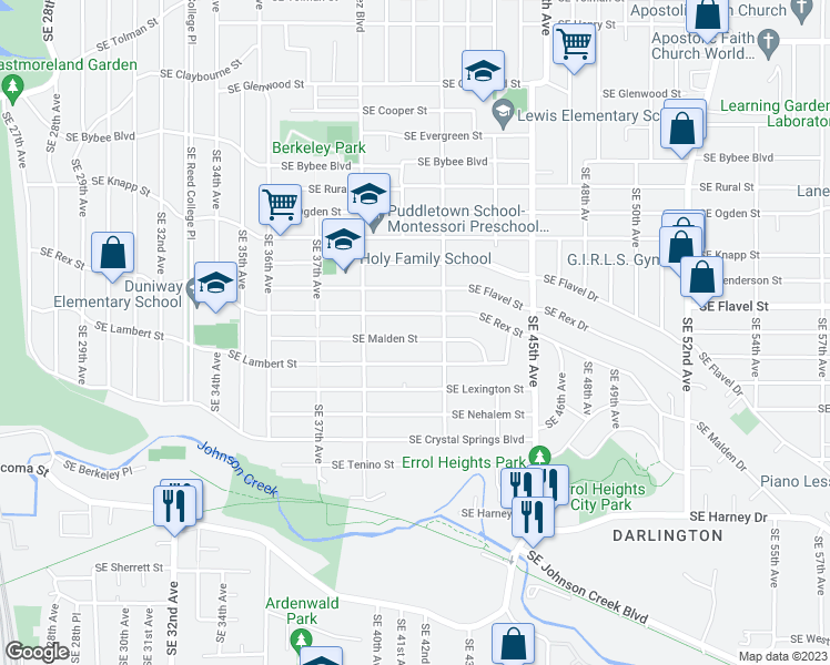 map of restaurants, bars, coffee shops, grocery stores, and more near 4119 Southeast Malden Street in Portland