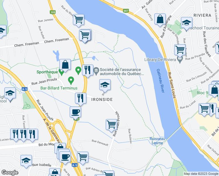 map of restaurants, bars, coffee shops, grocery stores, and more near 50 Rue Noel in Gatineau