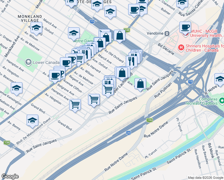 map of restaurants, bars, coffee shops, grocery stores, and more near 2020 Avenue Wilson in Montréal