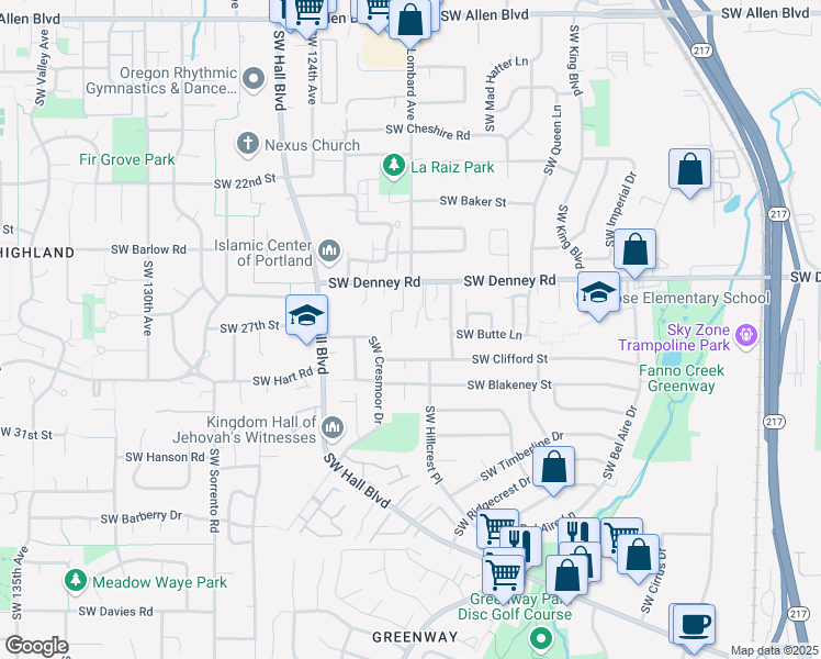 map of restaurants, bars, coffee shops, grocery stores, and more near 11990 Southwest Denney Road in Beaverton